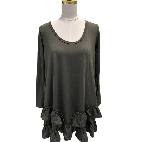 Three Bird Nest Constance Ruffle Hem Long Sleeve Dress Olive Green Sz S NWT